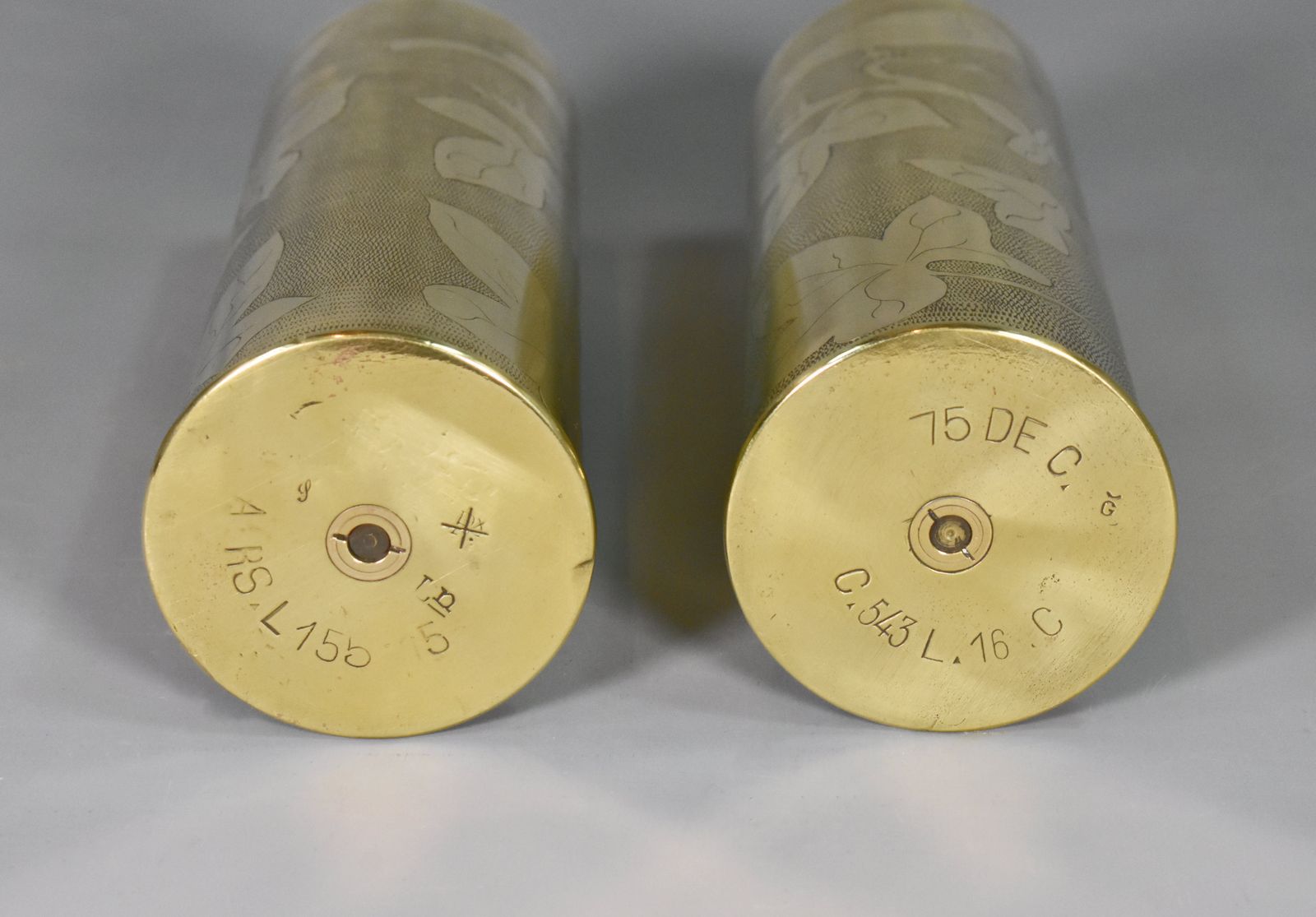 photo vinterior Pair Antique French Trench Art Brass Shell Vases Ww1