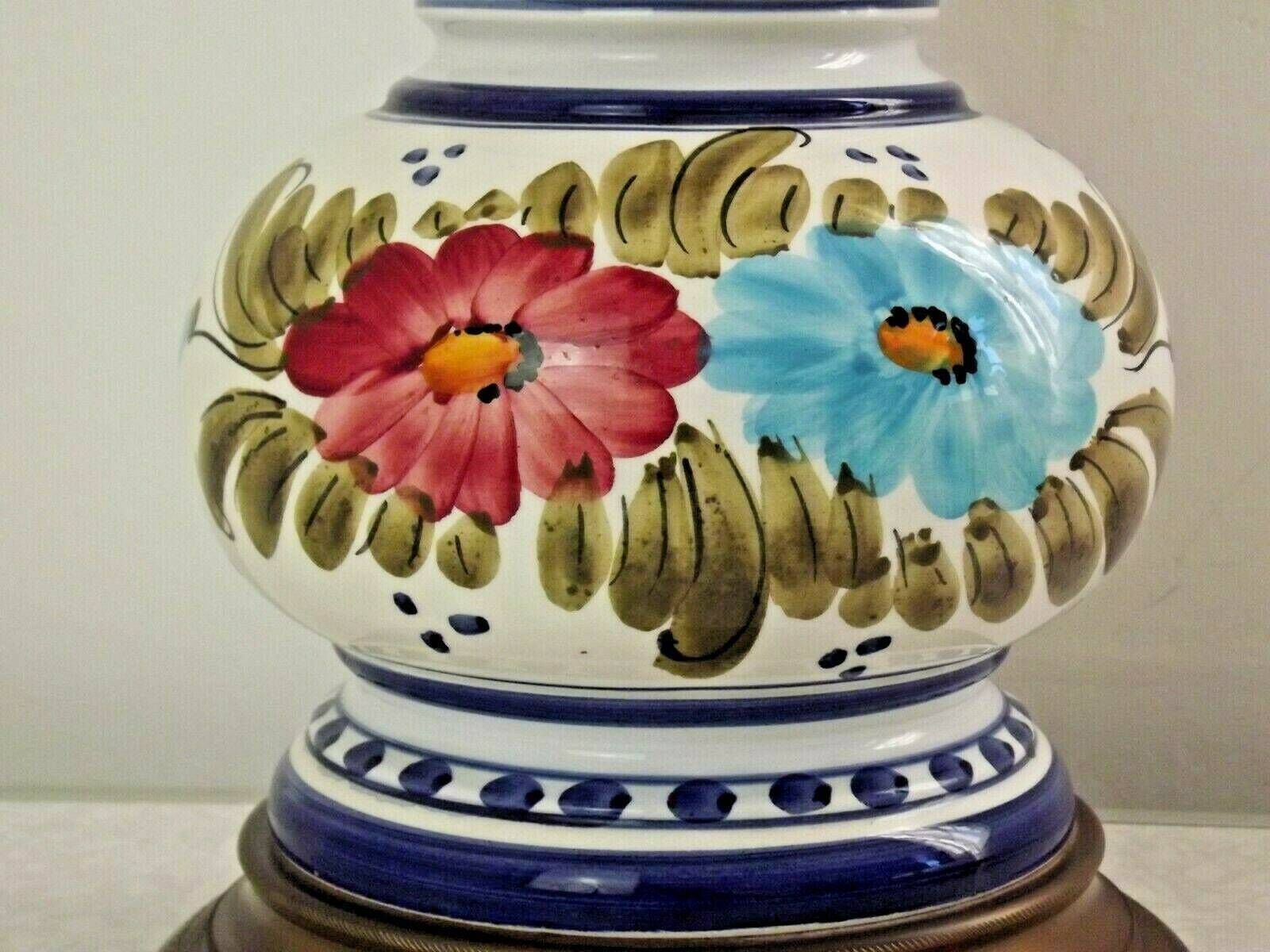 Large Hand Painted French Country Lantern Style Table Lamp With Glass Shade   Vintage French Lighting. French Country Lamp. Decorative Base. photo vinterior