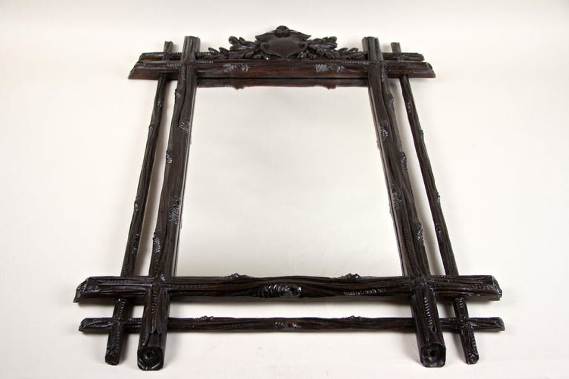 photo for sale 19th Century Black Forest Rustic Mirror With Coat Of Arms Carving, At, Circa 1880