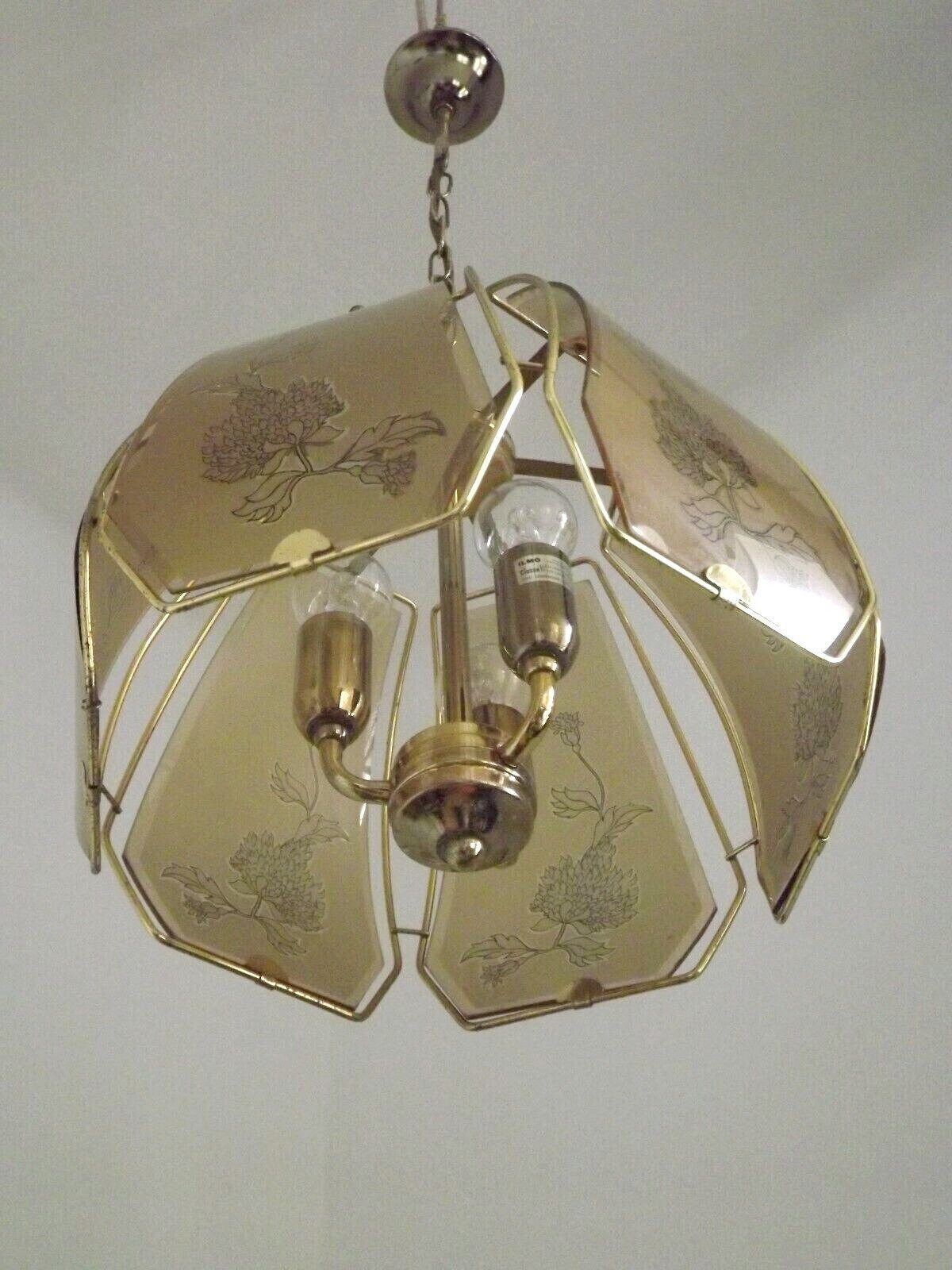 Vintage French Gold Metal 3 Bulb Ceiling Light 6 Floral Amber Glass Panels   Vintage French Light. Glass Panel Light. Thistle Floral Design. photo furniture