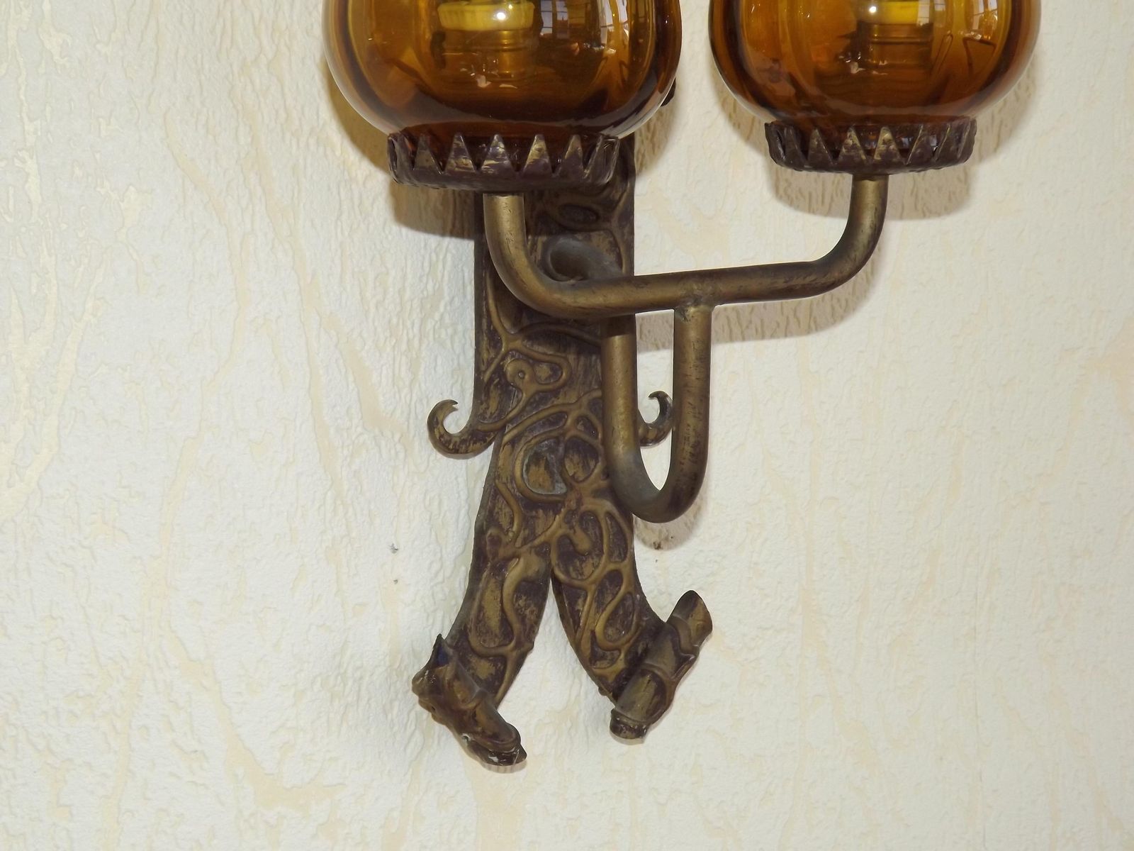 Double Hand Forged Wrought Iron Medieval Style Wall Light Amber Glass Shades   French Vintage Lighting. Double Wrought Iron Wall Sconce. photo Lighting