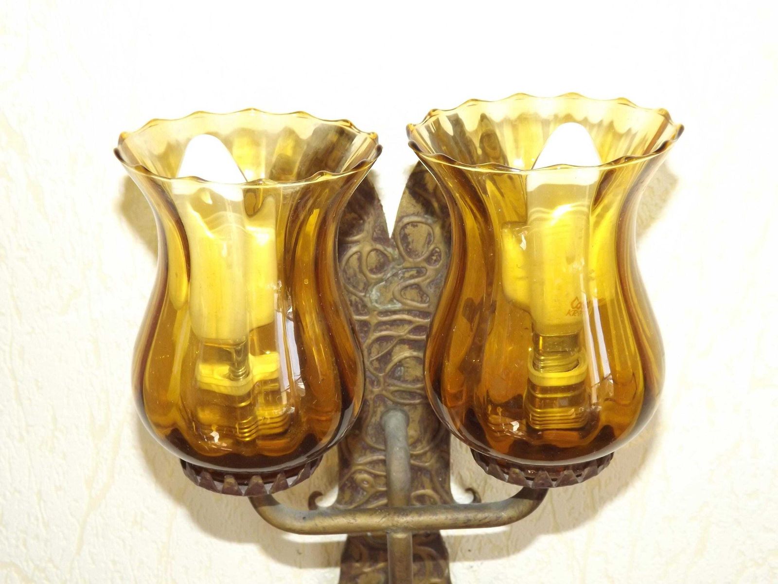 Double Hand Forged Wrought Iron Medieval Style Wall Light Amber Glass Shades   French Vintage Lighting. Double Wrought Iron Wall Sconce. photo 76.0