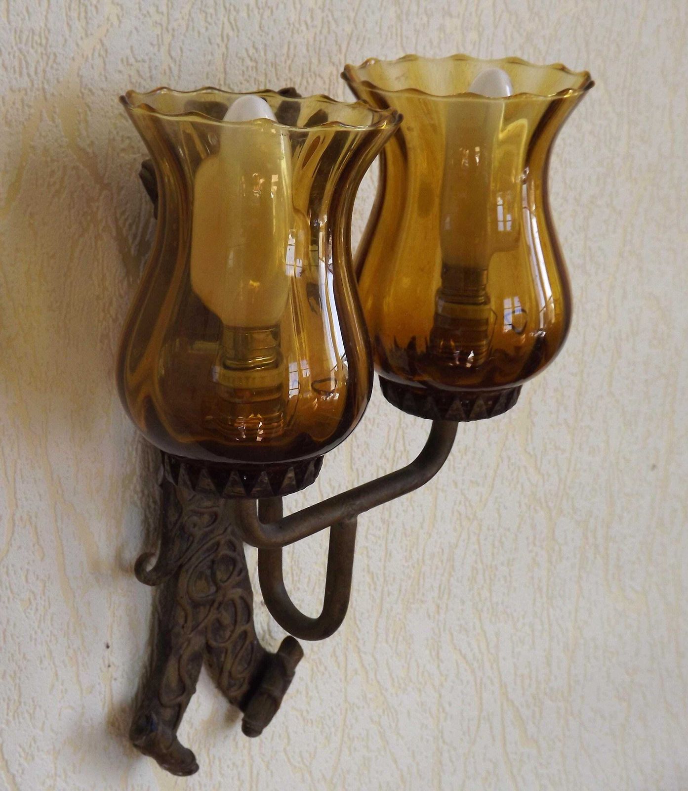 Double Hand Forged Wrought Iron Medieval Style Wall Light Amber Glass Shades   French Vintage Lighting. Double Wrought Iron Wall Sconce. photo vintage