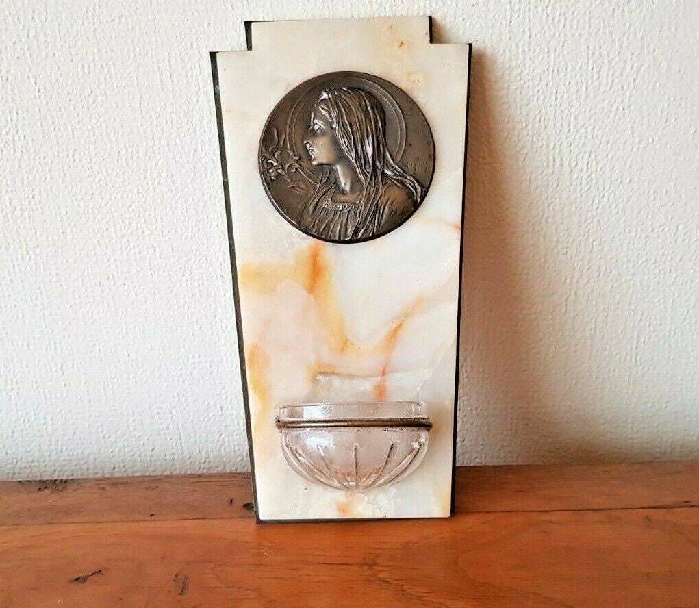 French Art Deco Marble Holy Water Font Bronze Mary Plaque Signed Ruffony   French Antique. Religious Water Font. Wall Hanging Water Font.