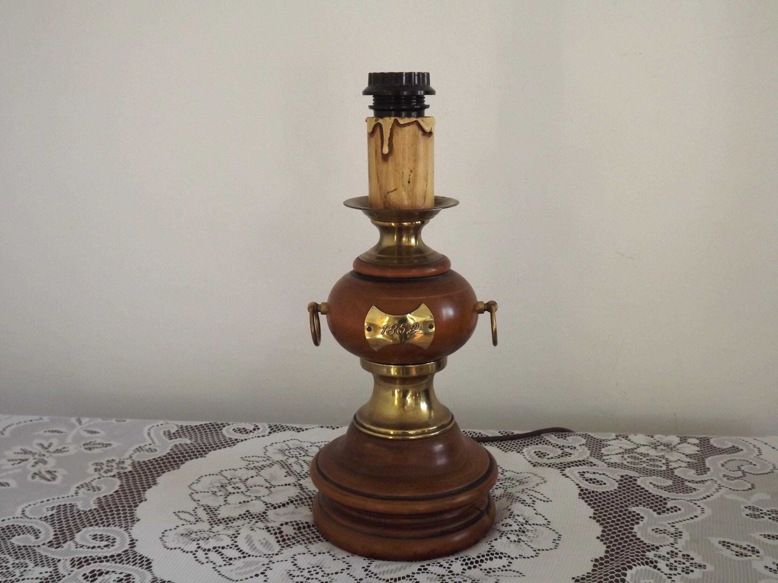 French Mid Century Round Turned Wood Lamp Base With Gold 1852 Tag & Handles   French Vintage Lighting. Wooden Lamp Base. Nautical Theme