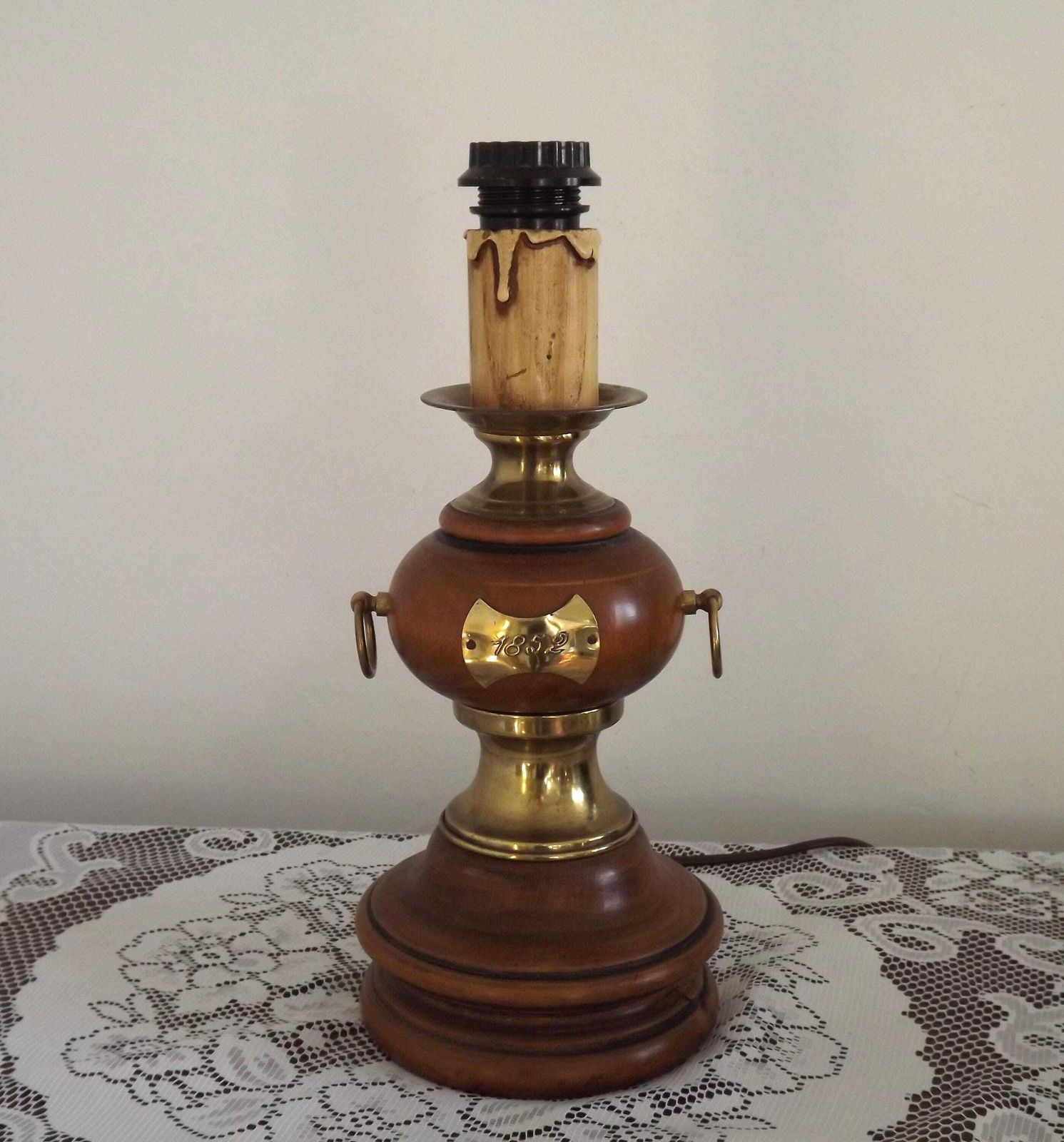 French Mid Century Round Turned Wood Lamp Base With Gold 1852 Tag & Handles   French Vintage Lighting. Wooden Lamp Base. Nautical Theme photo furniture