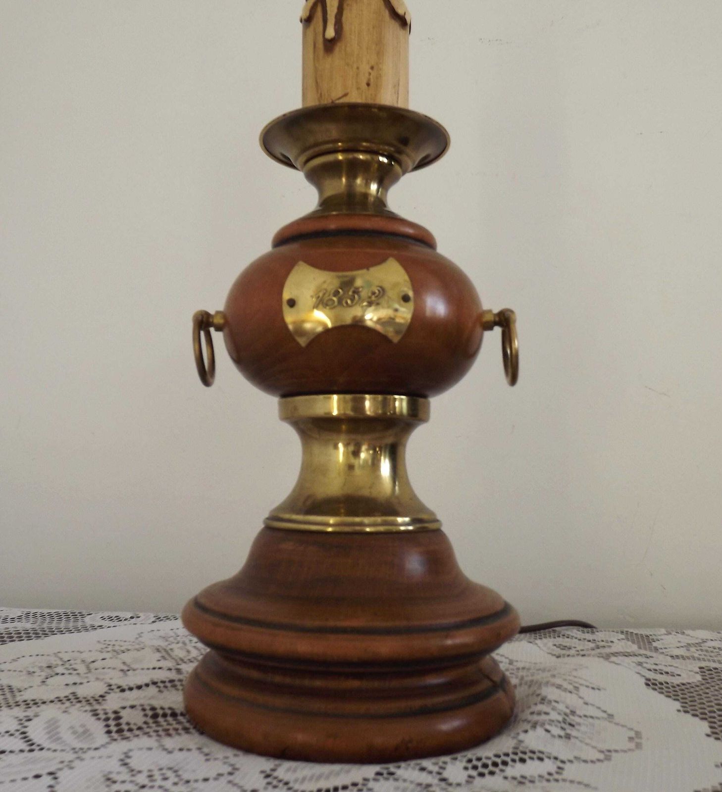 French Mid Century Round Turned Wood Lamp Base With Gold 1852 Tag & Handles   French Vintage Lighting. Wooden Lamp Base. Nautical Theme photo Lighting