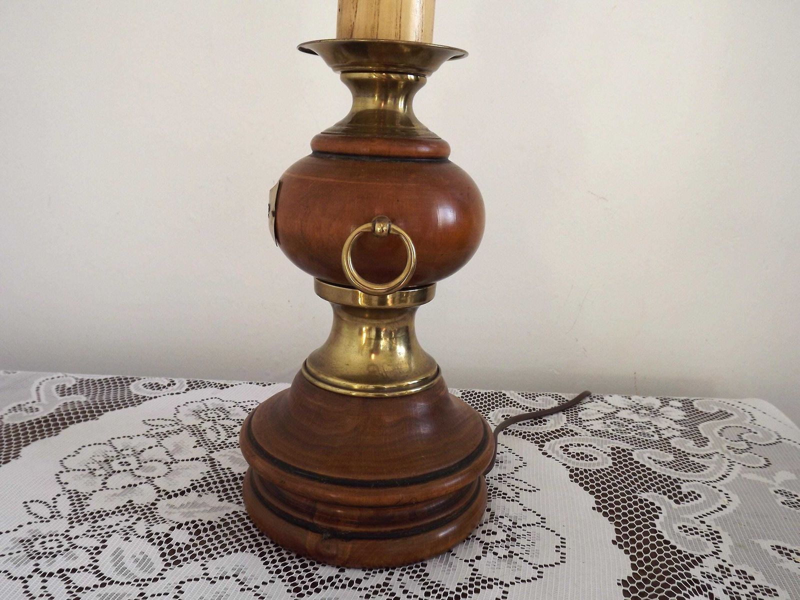 French Mid Century Round Turned Wood Lamp Base With Gold 1852 Tag & Handles   French Vintage Lighting. Wooden Lamp Base. Nautical Theme photo 85.0