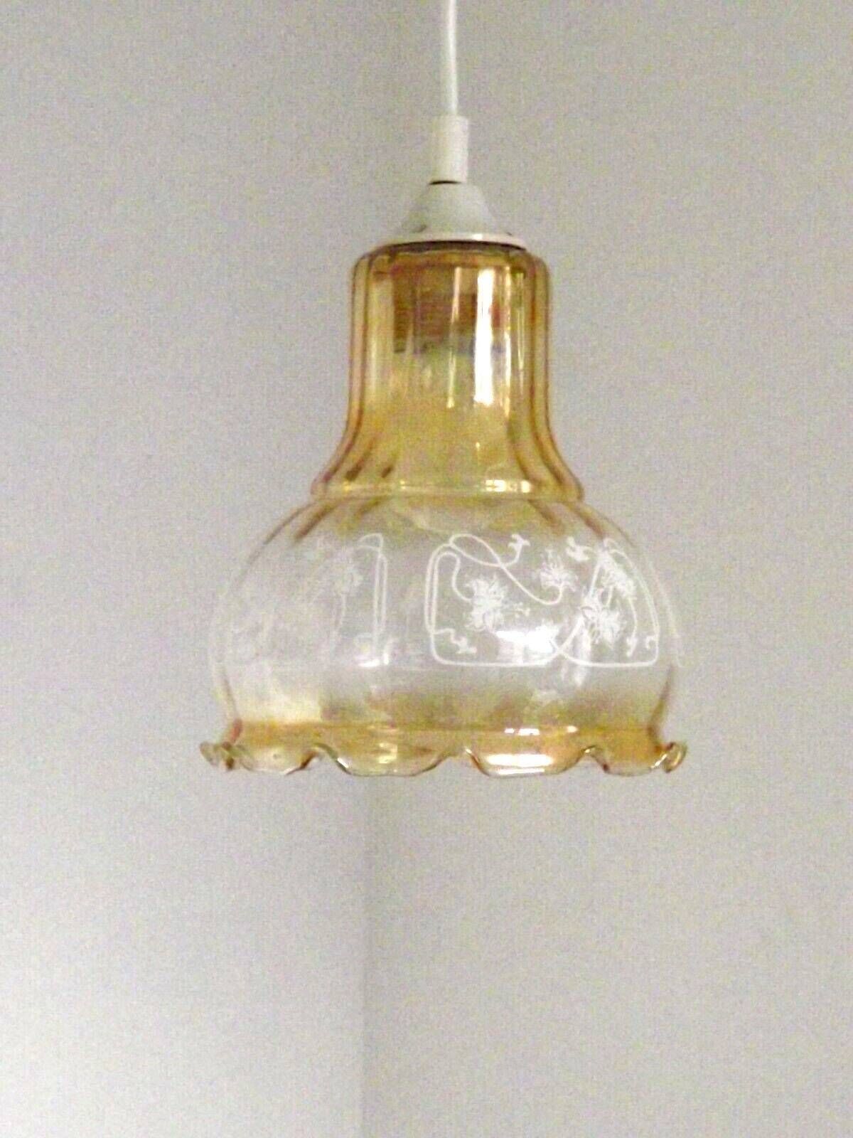 French Vintage Signed Vianne Amber Glass Ceiling Light – Floral Frilled Elegance  French Vintage Lighting. Signed Ceiling Light.