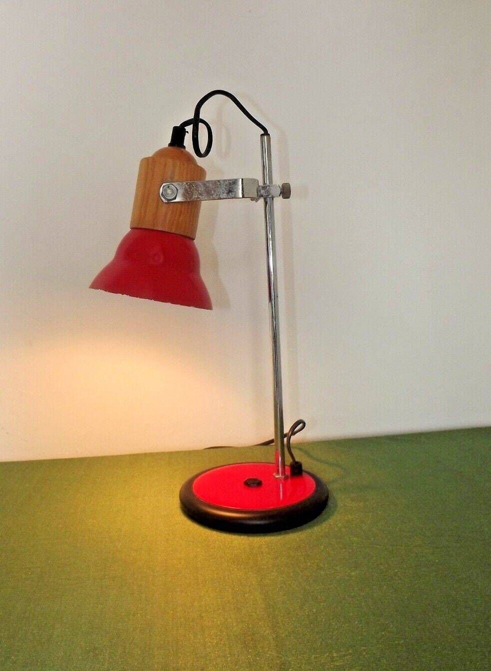 French Vintage Retro Adjustable Desk Lamp Red Black Silver & Wood Effect   Vintage French Lighting. Retro Lamp. Adjustable Desk Lamp. photo Lighting