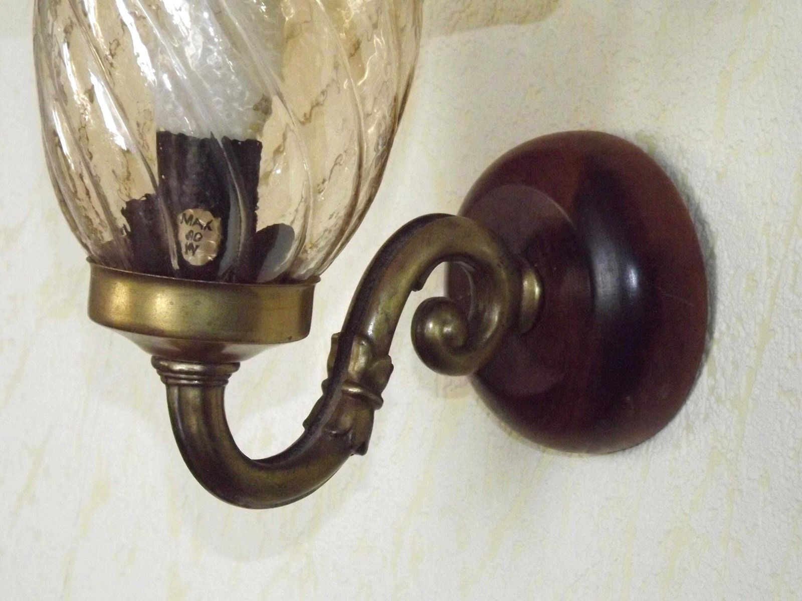 French Vintage Wood & Bronze Effect Metal Up Light Wall Light With Frilled Amber Glass Shade. French Vintage Lighting. Vintage Wall Scnce. photo 65.0