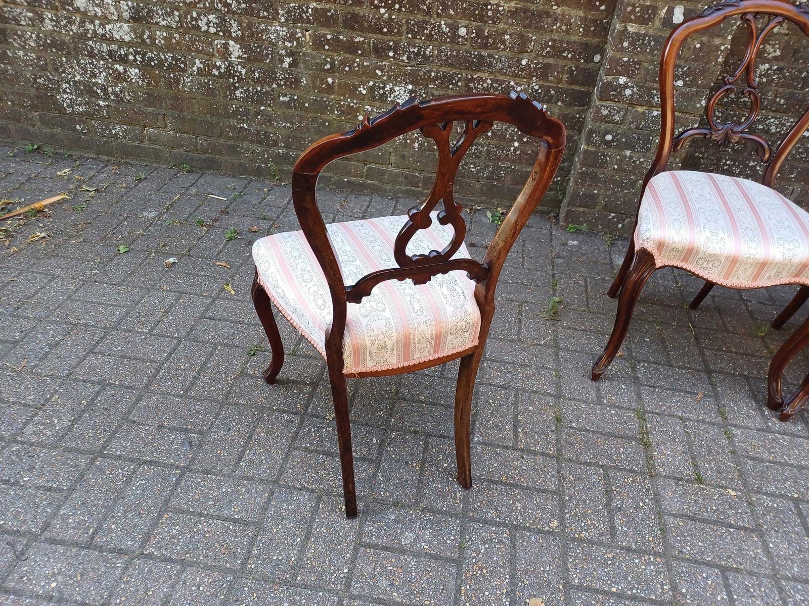 photo for sale Set Of 4 Antique Victorian Balloon Back Dining Chairs – Carved Rosewood With Cabriole Legs & Upholstered Seats C.1860