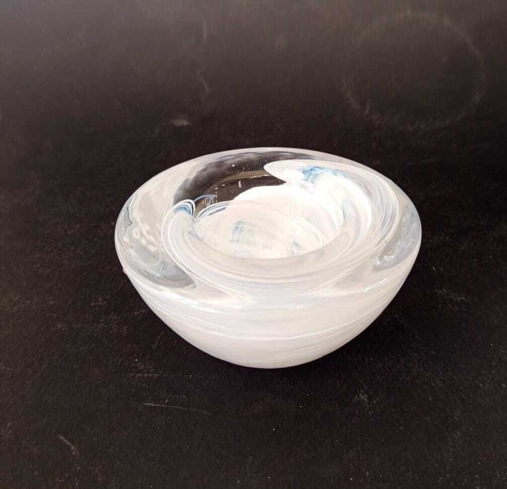 Kosta Boda Sweden Pair Of Glass Bowl Ashtray + Vase White Swirl Vintage photo for sale