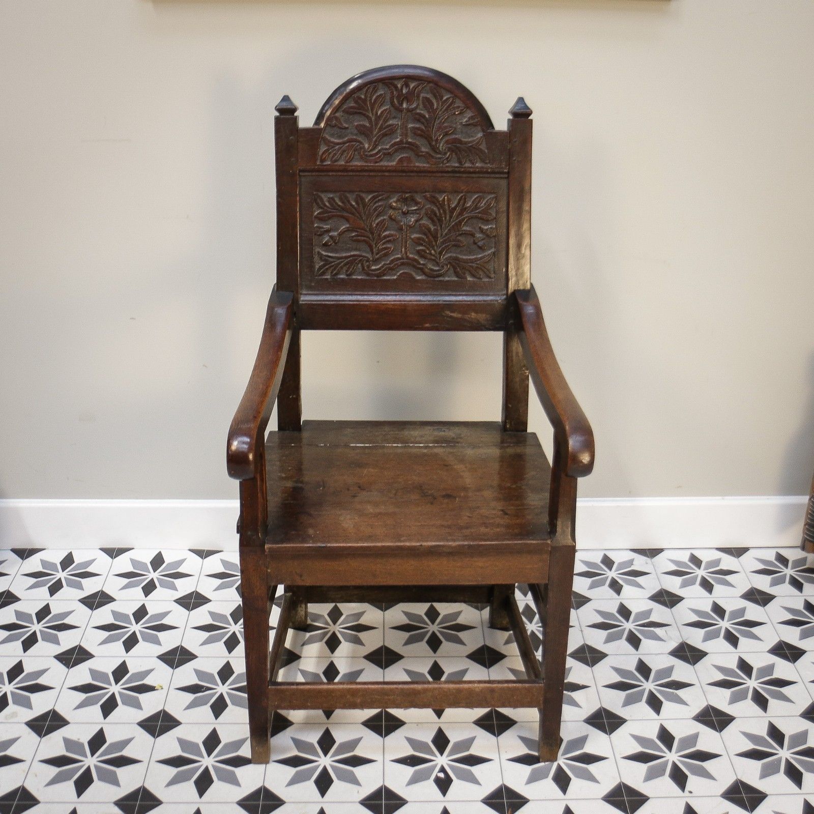 Wainscot Chair Oak 18th Century Hand Carved Back photo vintage