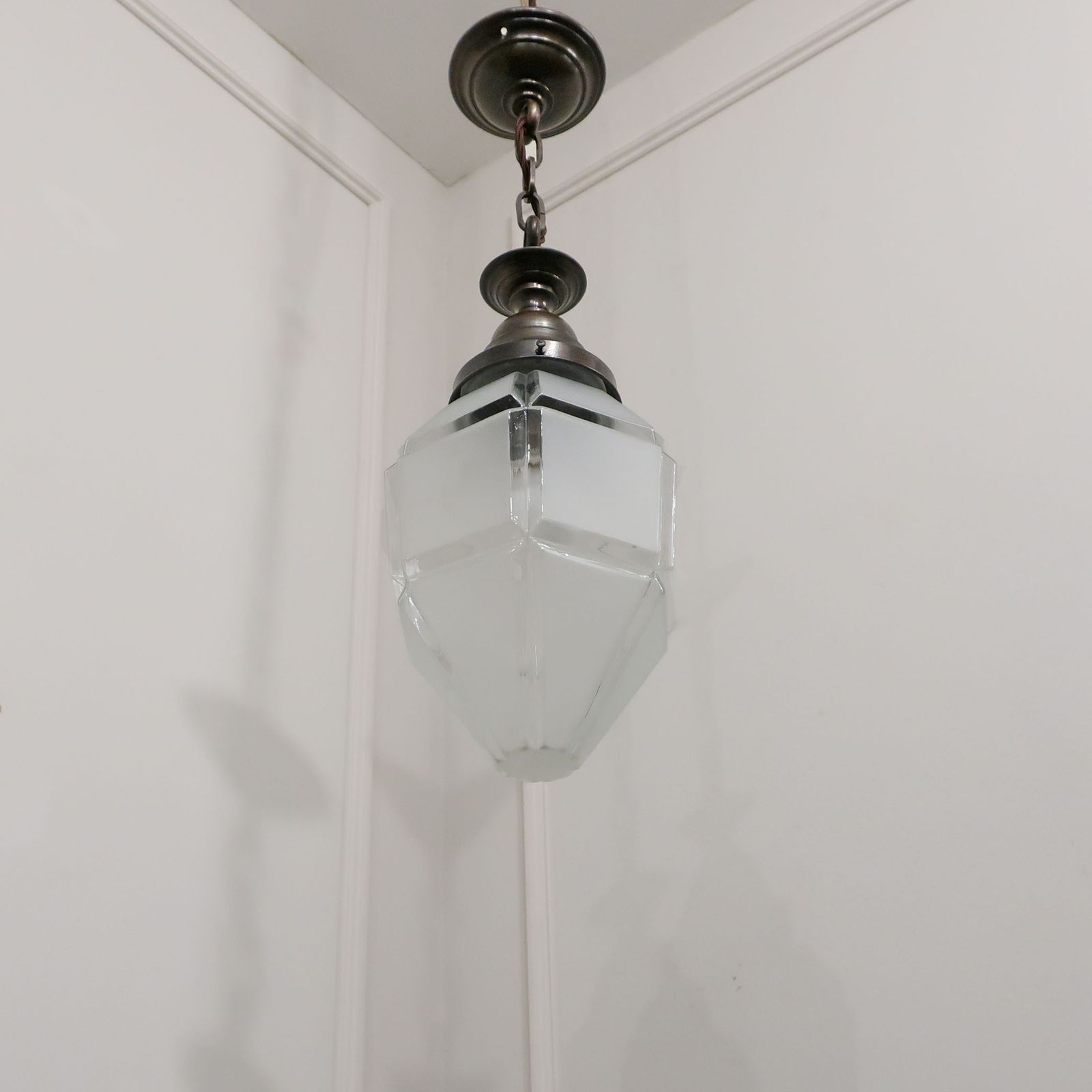 Art Deco Frosted Glass Hexagonal Pendant Light photo vintage