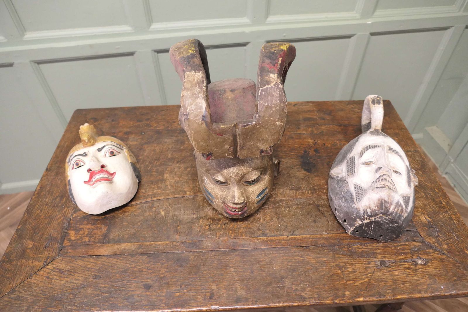 3 Carved Wooden Ceremonial Masks From Nigeria, Africa And Indonesia photo furniture