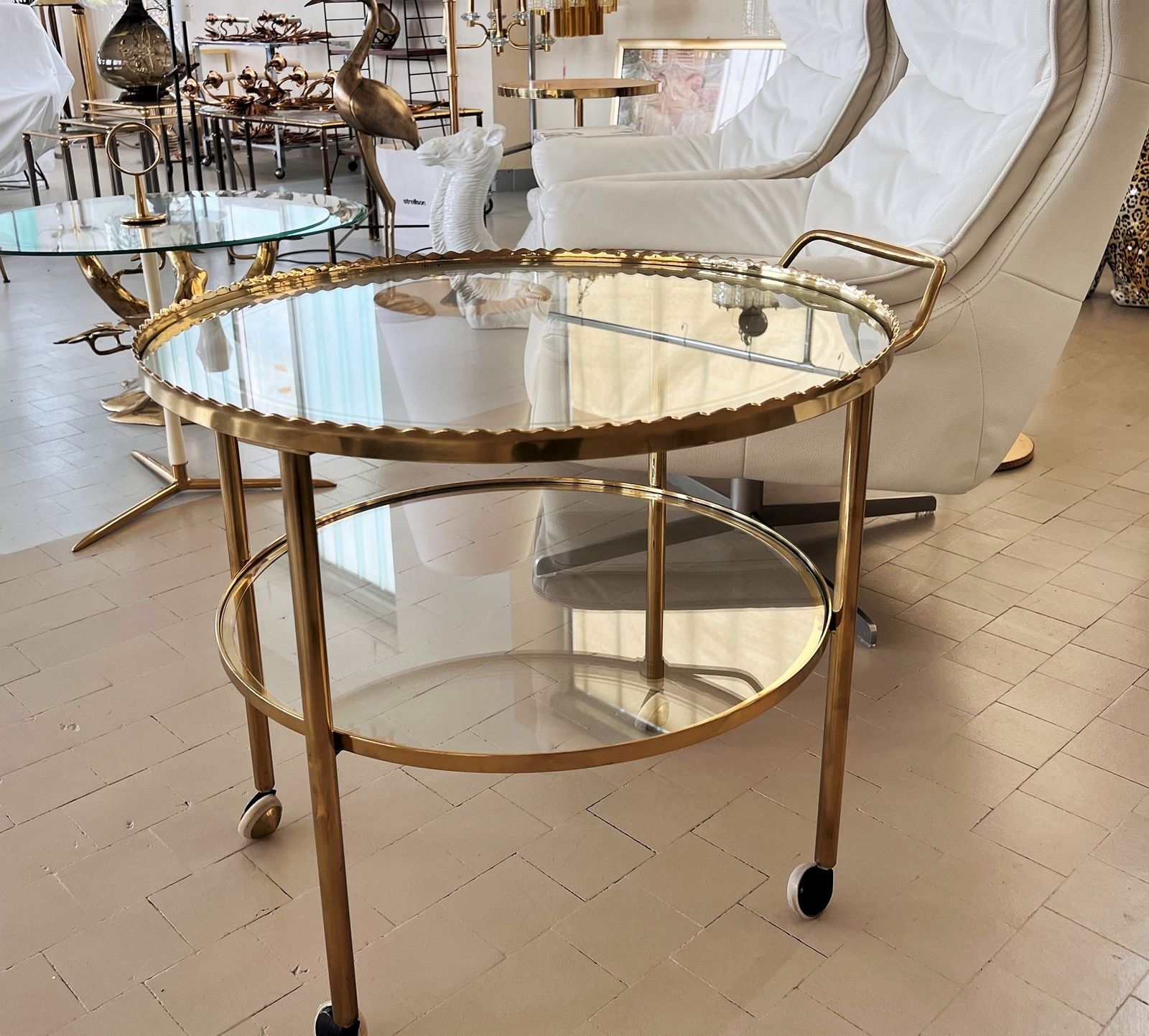 Midcentury Brass And Glass Trolley Or Bar Cart By Vereinigte Werkstätten, 1970s photo furniture