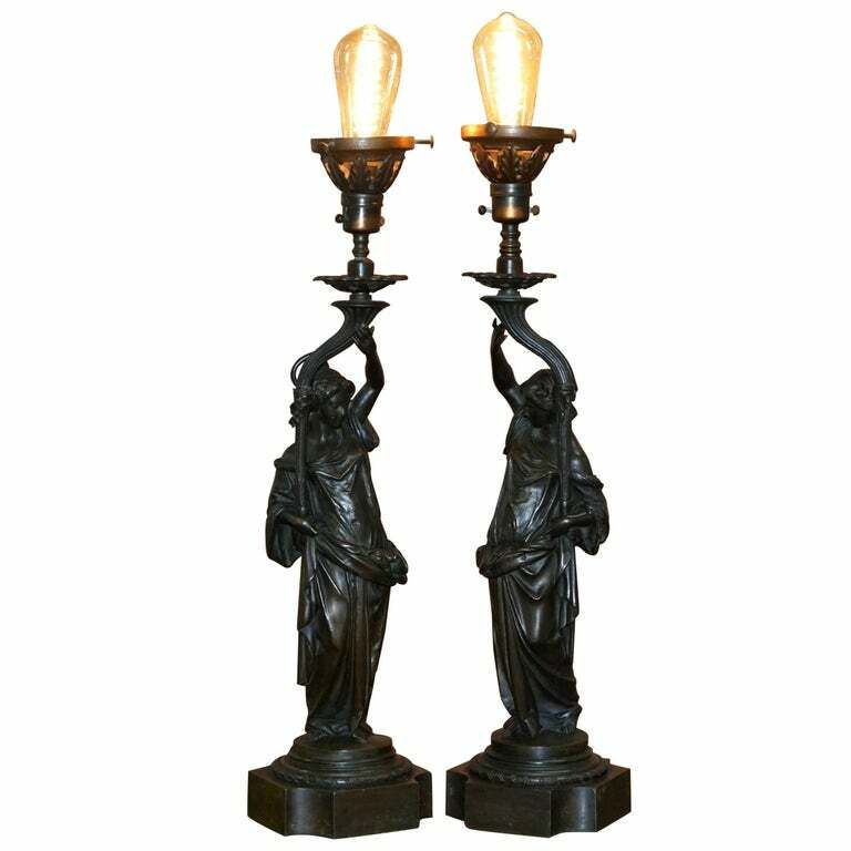 Pair Of Late Victorian French Solid Bronze Table Lamps Of Art Nouveau Maidens