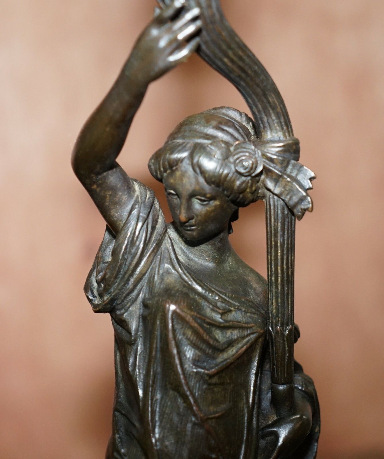 photo for sale Pair Of Late Victorian French Solid Bronze Table Lamps Of Art Nouveau Maidens