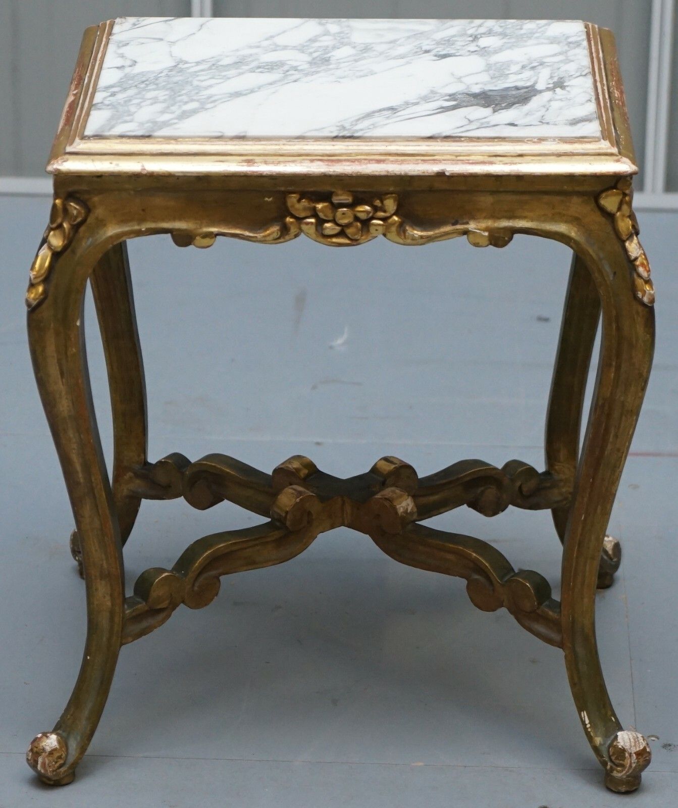 Pair Of French Circa 1860 Napoleon III Gold Giltwood Marble Topped Side Tables photo for sale