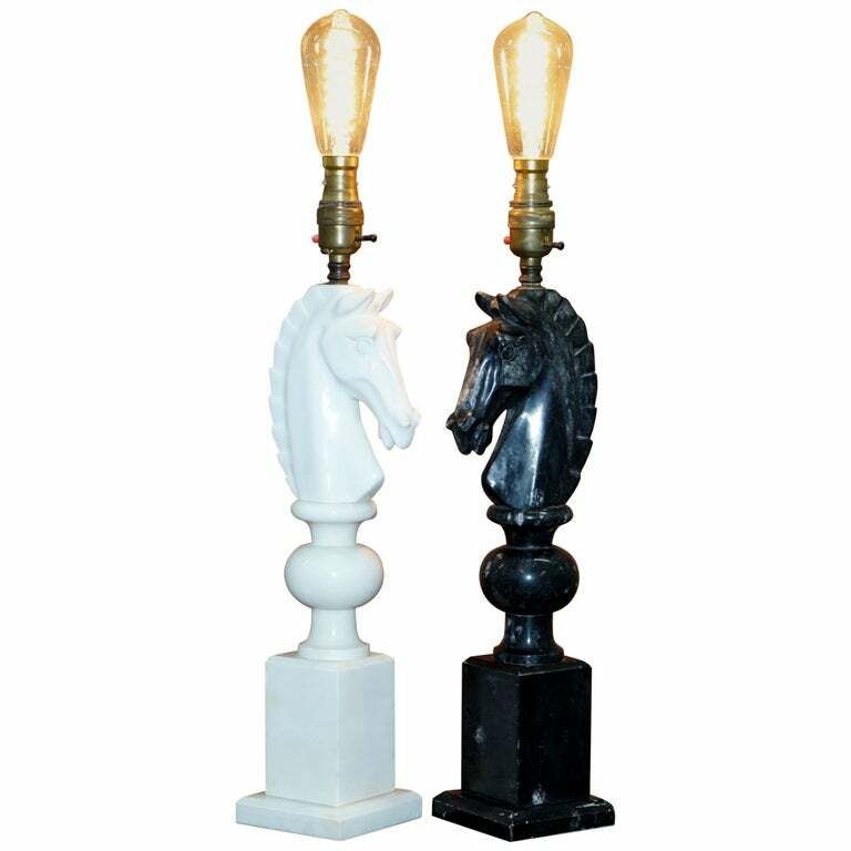 Pair Of Original 1950's Italian Carrara Marble Chess Horse Lamps Fully Serviced