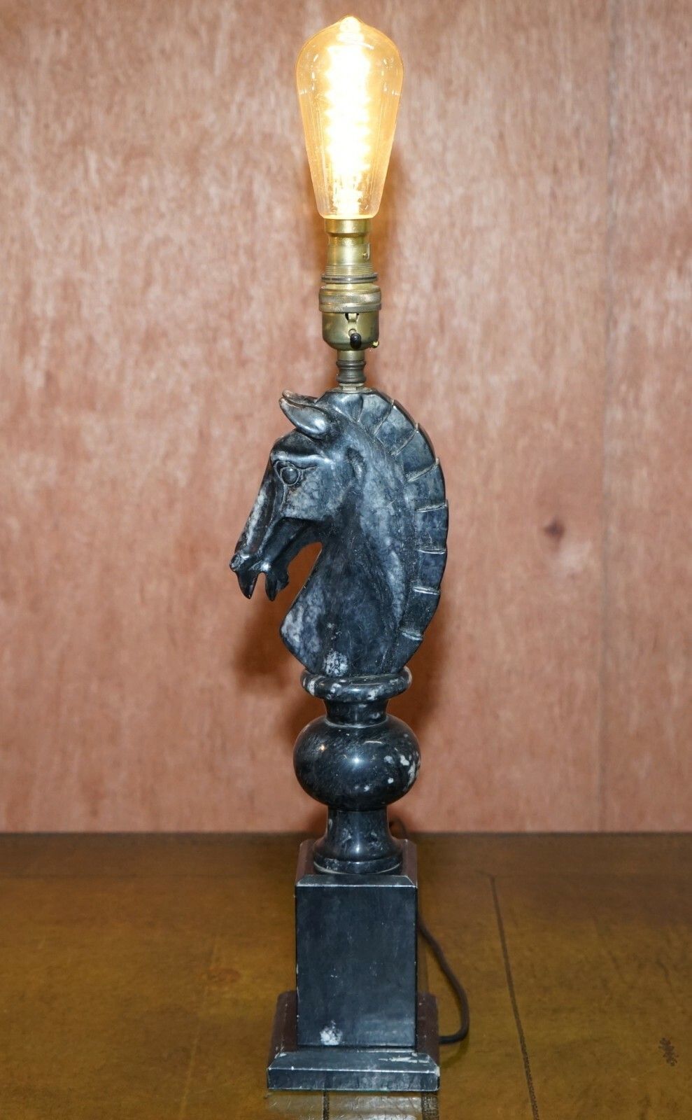 Lighting Pair Of Original 1950's Italian Carrara Marble Chess Horse Lamps Fully Serviced photo