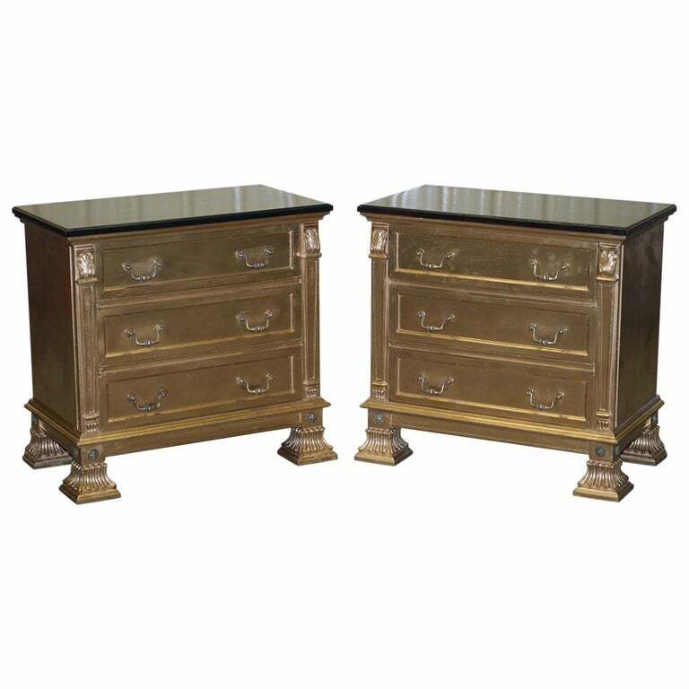 Pair Of Gold Over Silver Leaf Painted Bedside Table Sized Chests Of Drawers