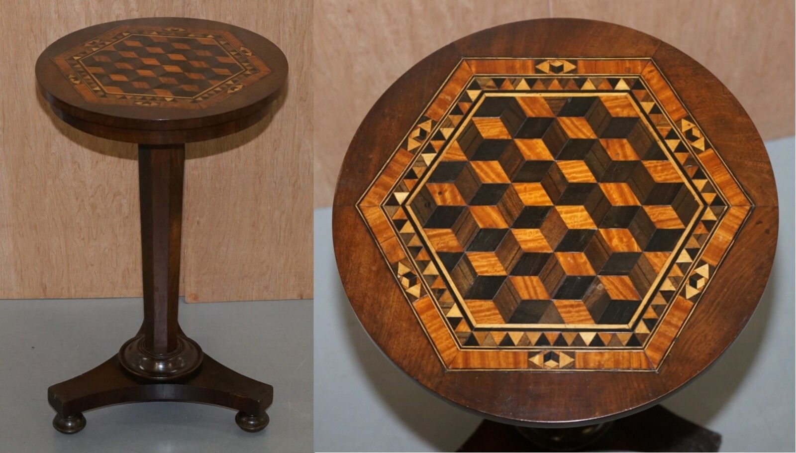 Rare Victorian Mahogany Occasional Table, Geometric Parquetry Inlaid Wood Top photo furniture