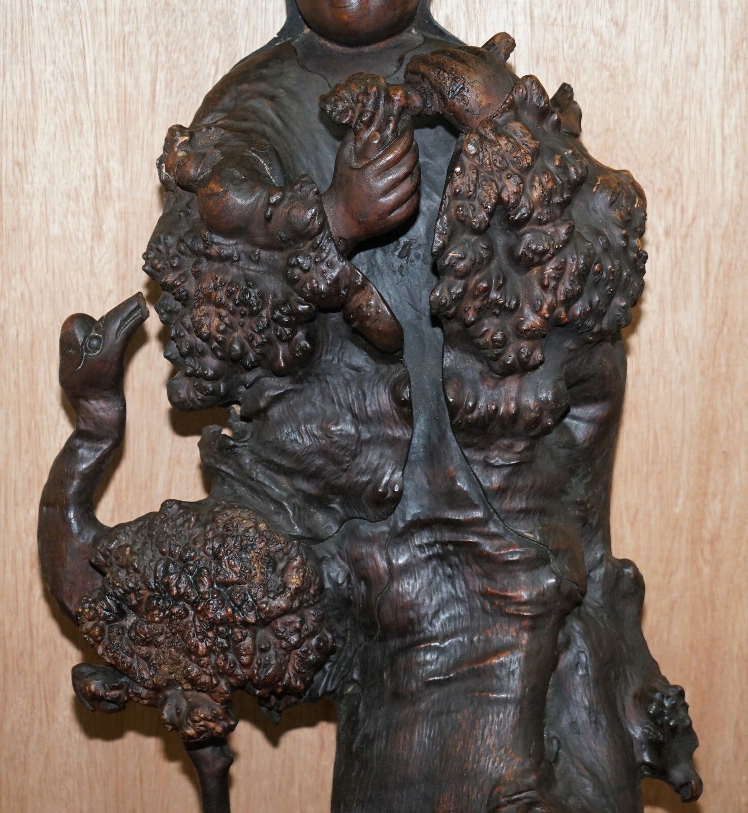Antique Circa 1880 Chinese Root Wood Carving Of Buddah As Wiseman Very Detailed photo for sale