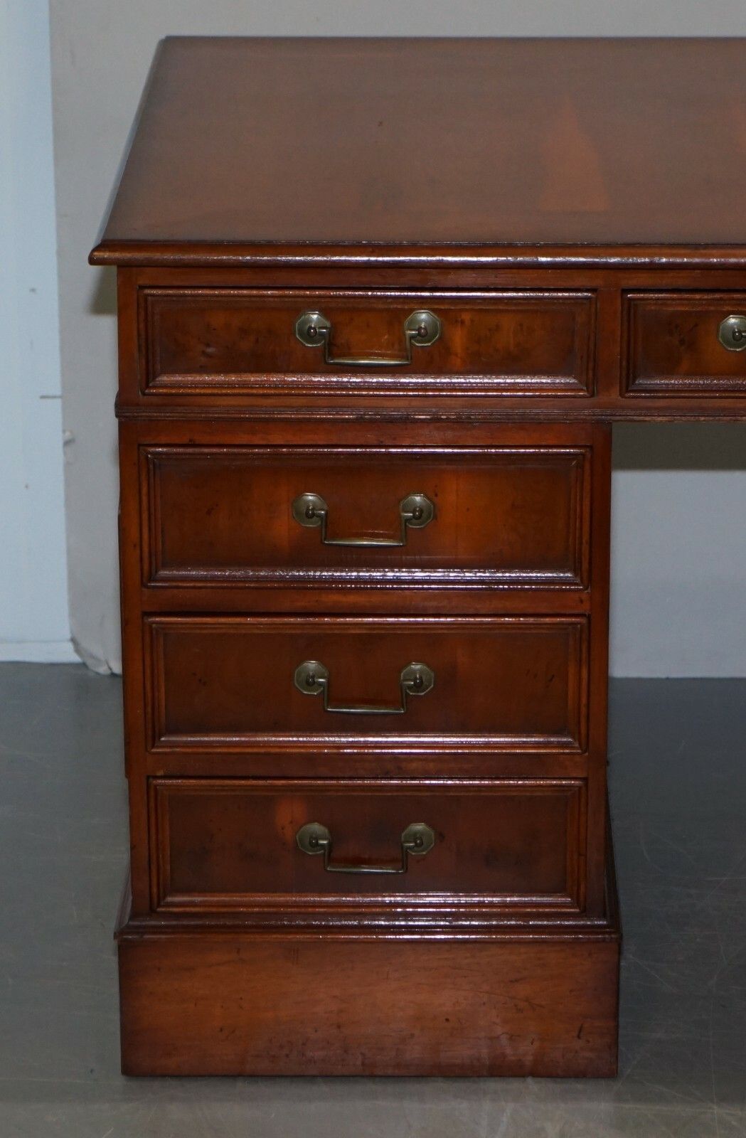 Lovely Burr Yew Wood Twin Pedestal Partner Desk With Complete Ornate Timber Top photo for sale