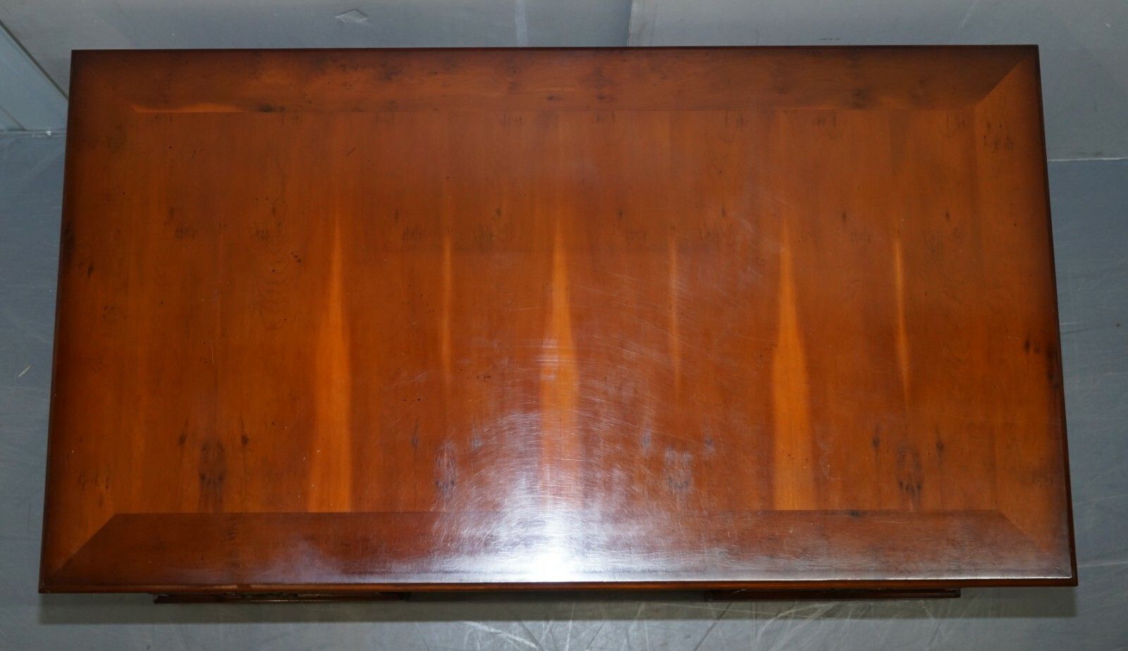 Lovely Burr Yew Wood Twin Pedestal Partner Desk With Complete Ornate Timber Top photo vinterior