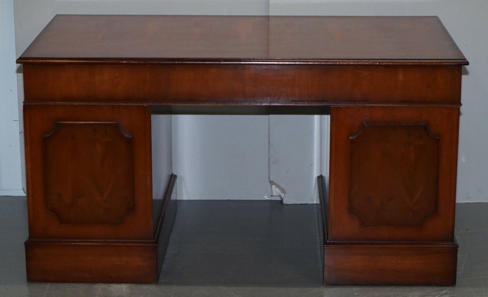 photo for sale Lovely Burr Yew Wood Twin Pedestal Partner Desk With Complete Ornate Timber Top