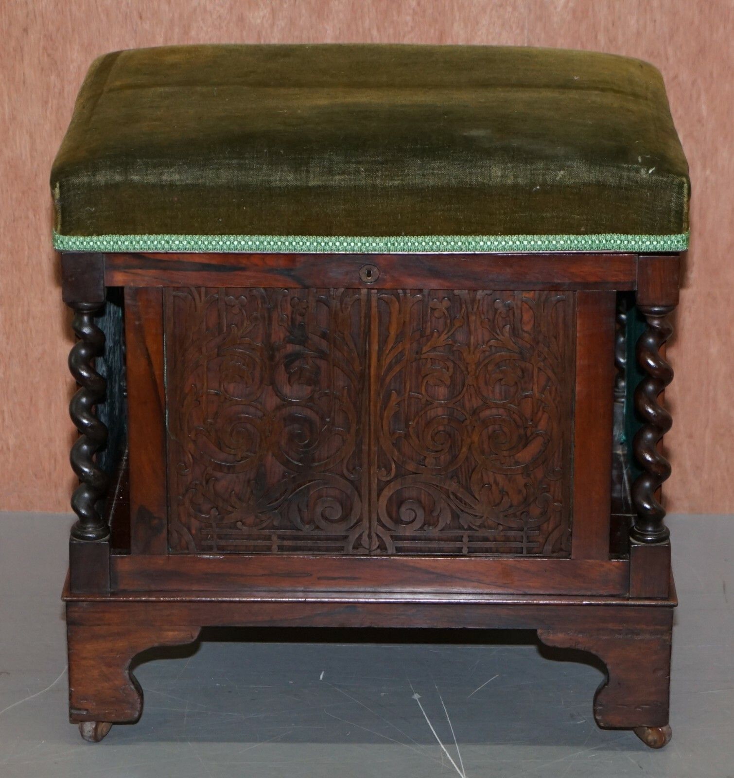 Sublime Antique Victorian Rosewood Heavily Carved Piano Stool Porcelain Castors photo furniture