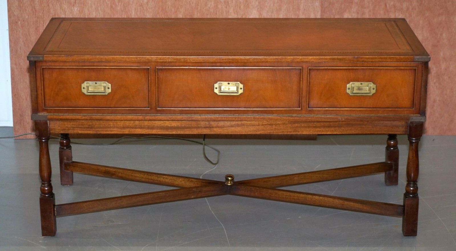 Military Campaign Style Console Coffee Table Hidden Radio Tape Record Player photo for sale