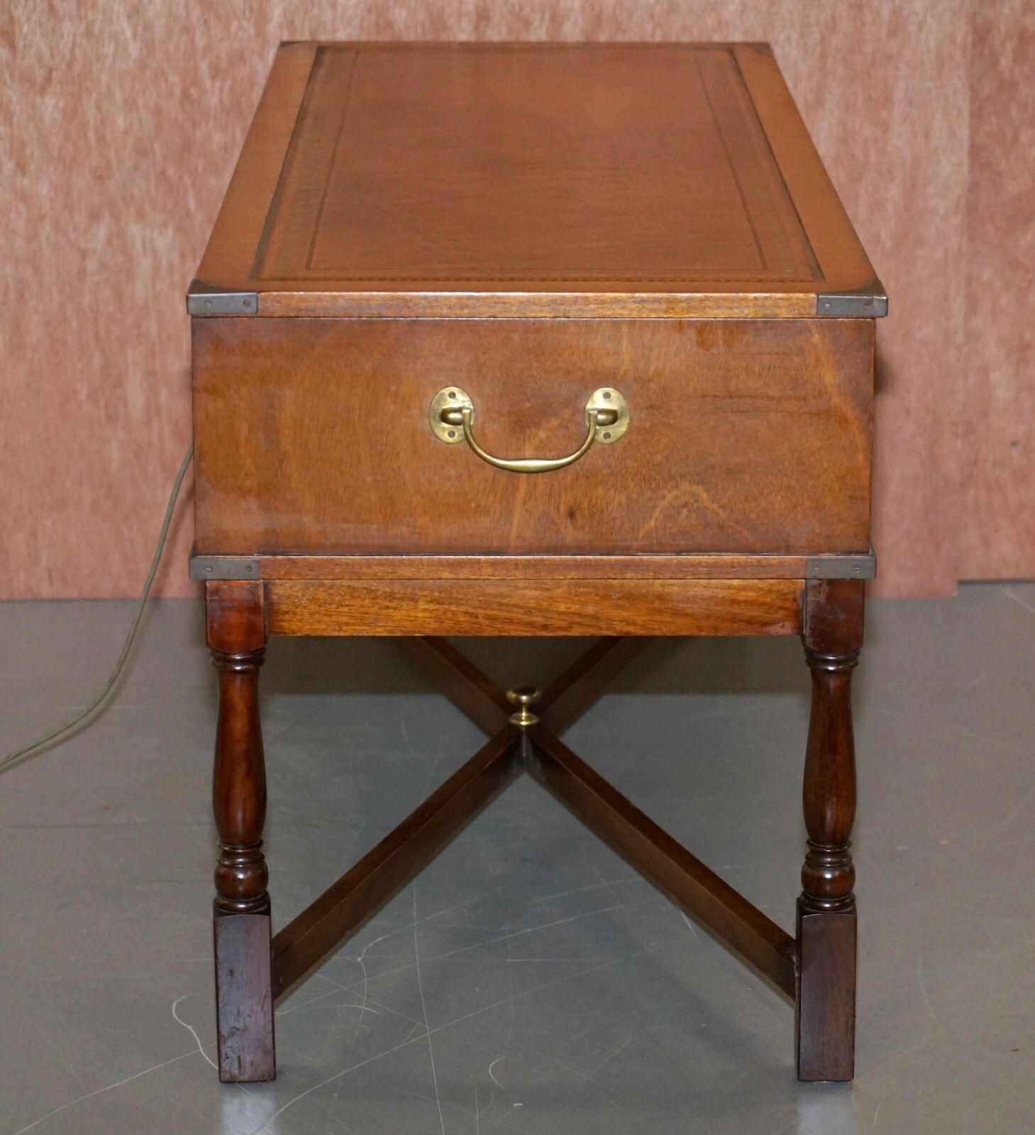 Military Campaign Style Console Coffee Table Hidden Radio Tape Record Player photo vinterior