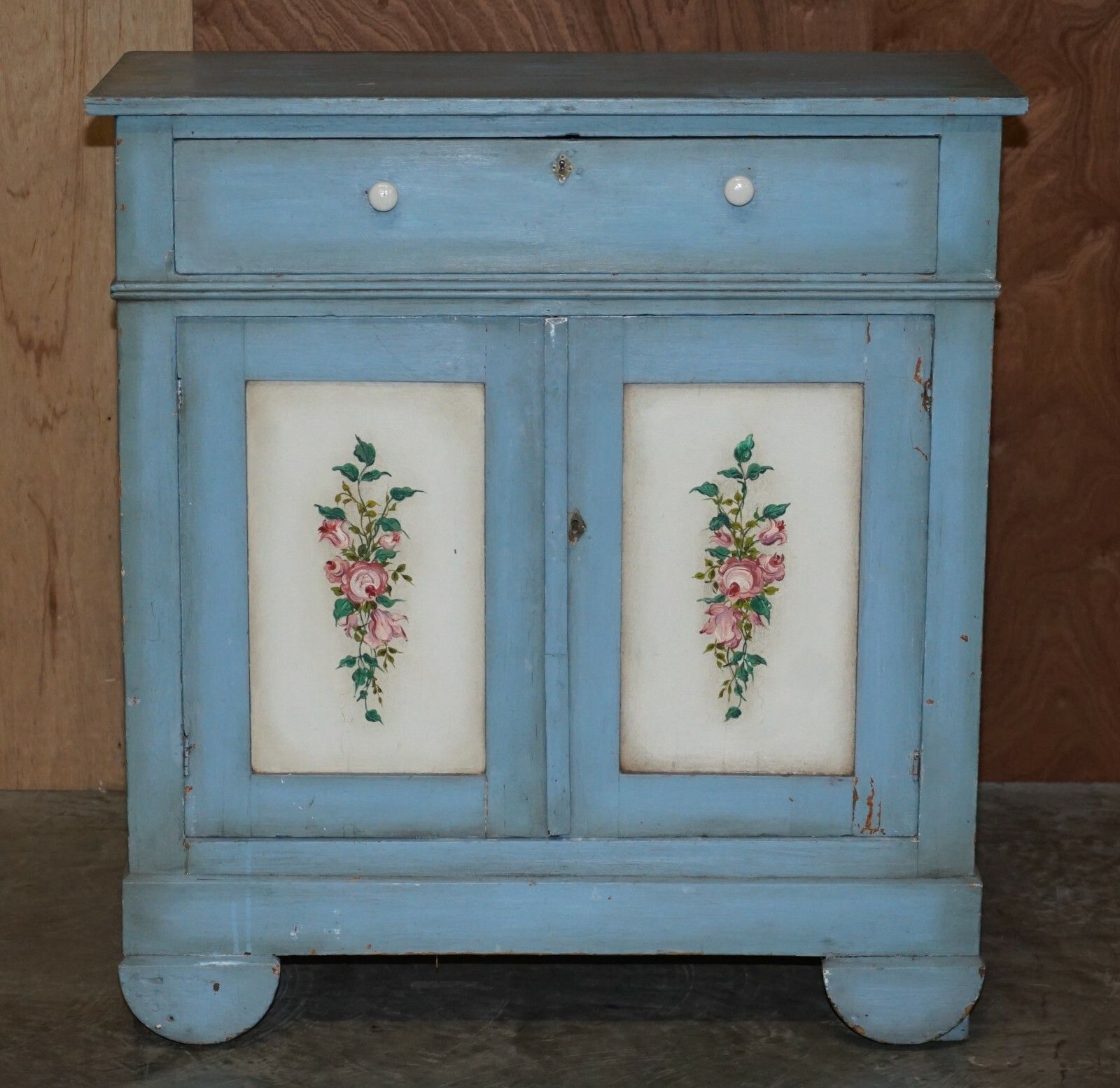 Antique Circa 1880 French Hand Painted Duck Blue Pine Kitchen Sideboard Buffet photo furniture