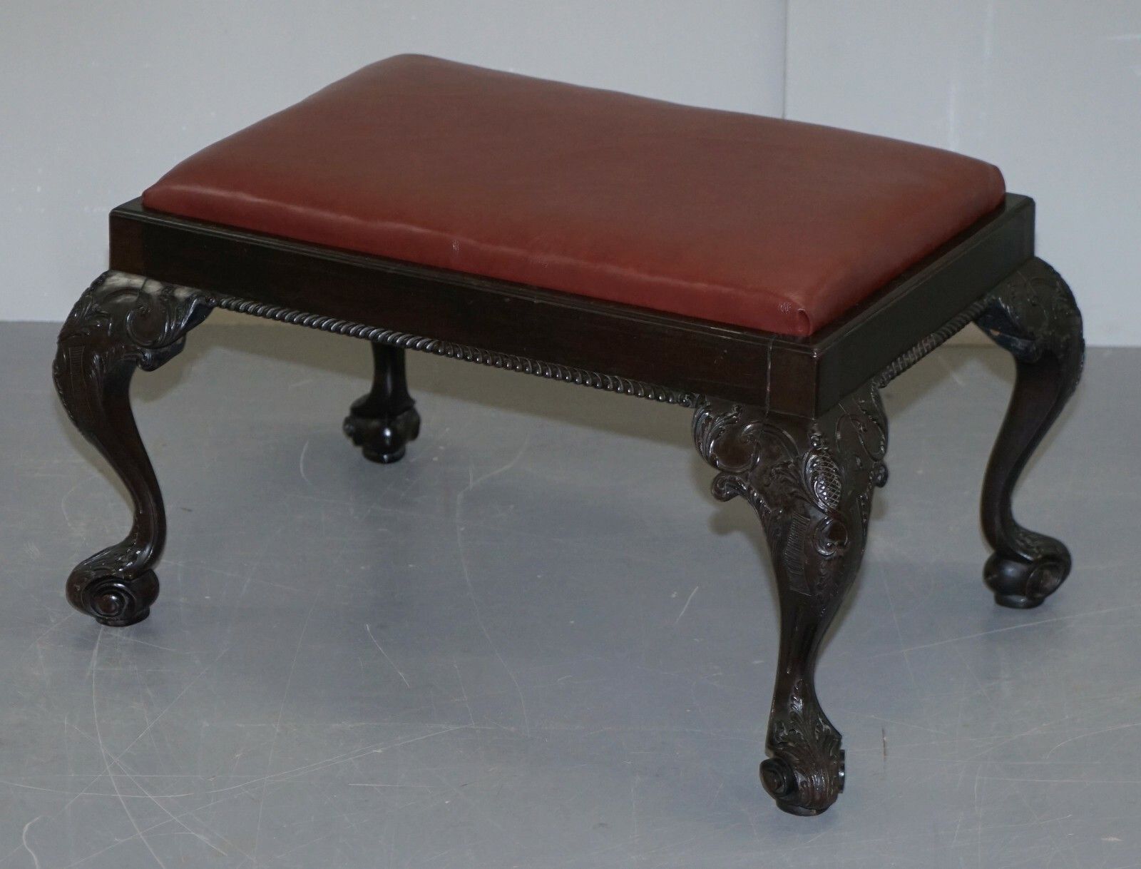 Antique Hand Carved English Georgian Claw & Ball Feet Footstool Brown Leather photo for sale