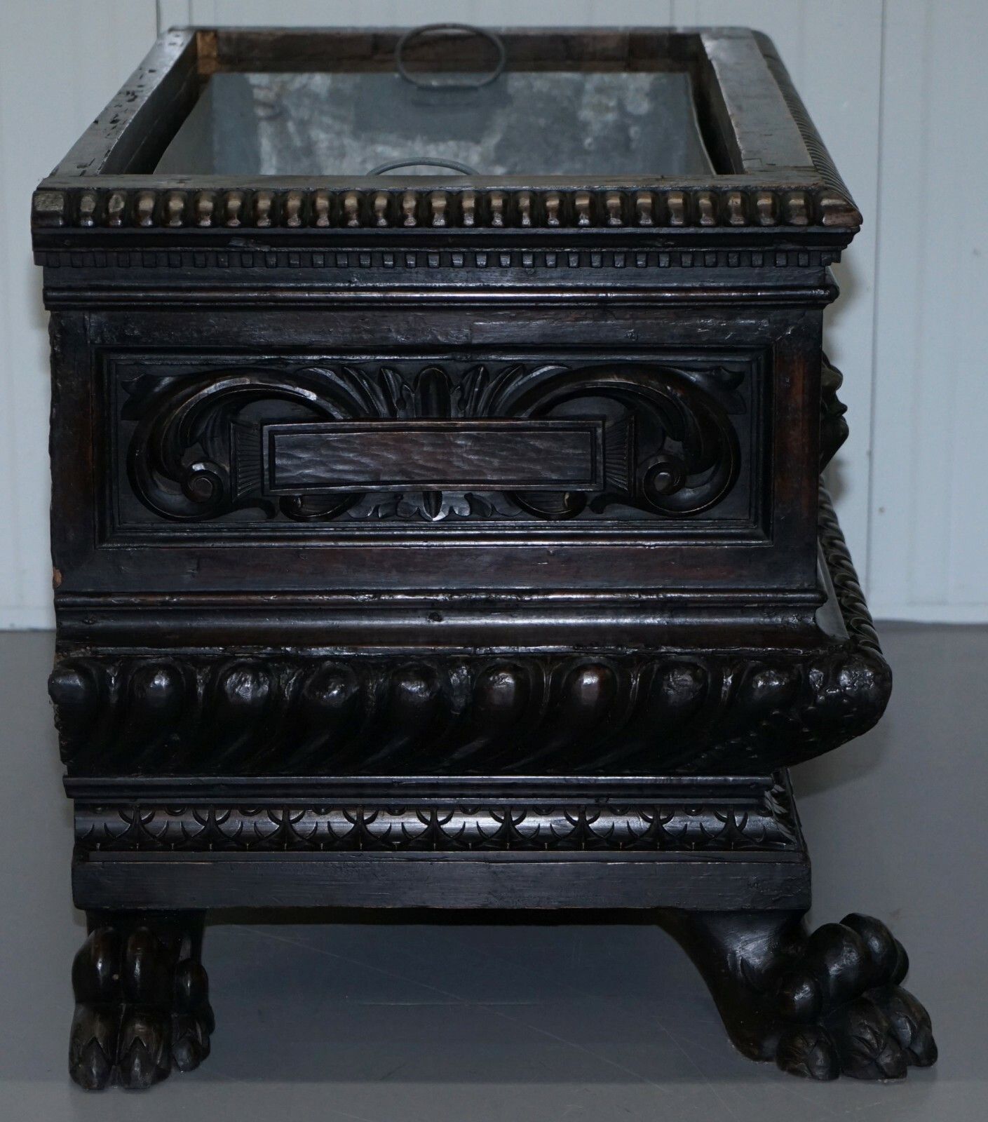 photo for sale Gothic Revival 1840 Carved Wood Huge Wine Cooler Planter Lion Hairy Paw Feet