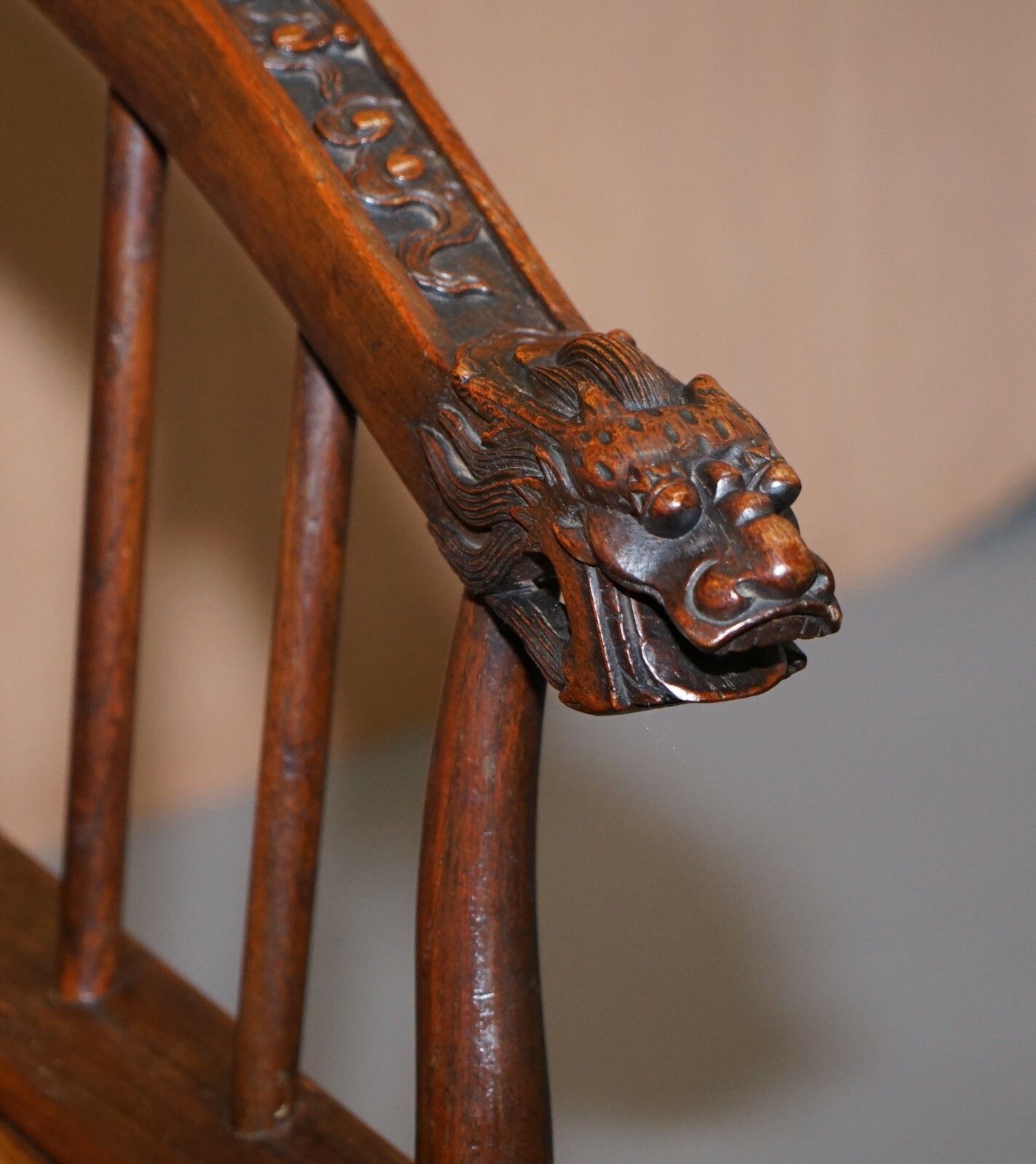 Rare Pair Of Circa 1900 Anglo Chinese Hand Carved Savonarola Armchairs Dragons photo vintage