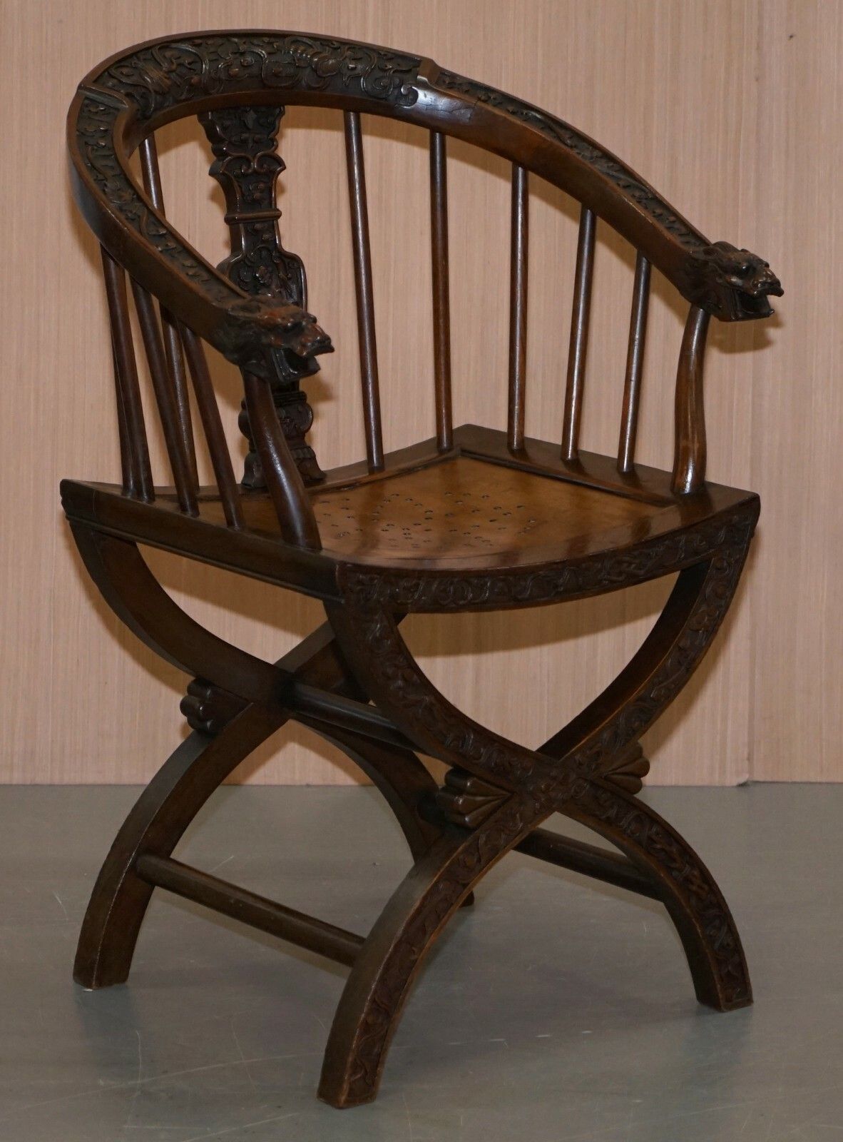Furniture Rare Pair Of Circa 1900 Anglo Chinese Hand Carved Savonarola Armchairs Dragons photo
