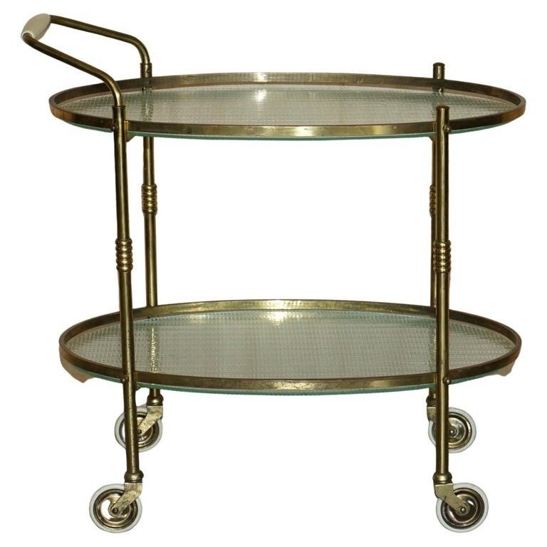 Antique Art Deco Circa 1920 Frosted Glass & Polished Brass Circa Drinks Trolley