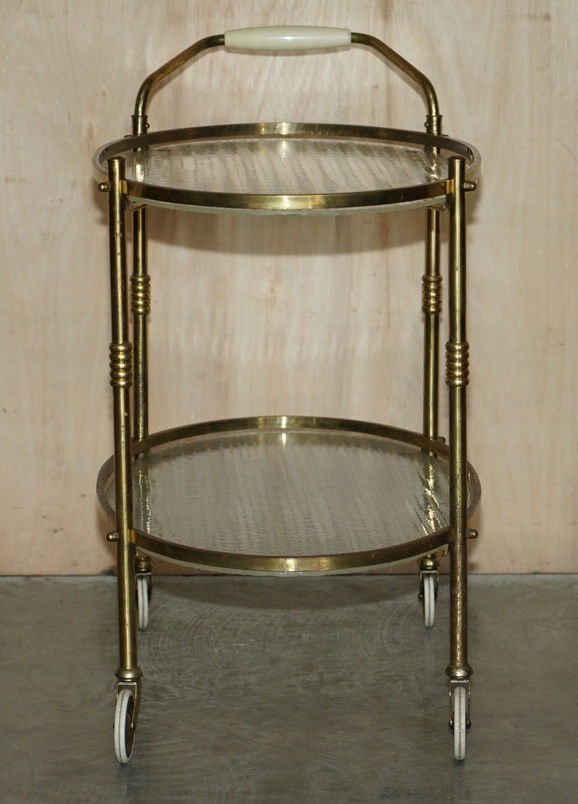 photo for sale Antique Art Deco Circa 1920 Frosted Glass & Polished Brass Circa Drinks Trolley