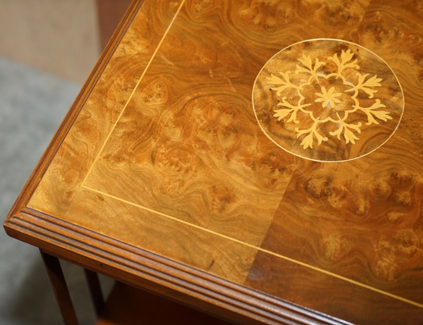 photo for sale Lovley Sheraton Revival Burr Elm & Satinwood Revolving Bookcase Side End Table