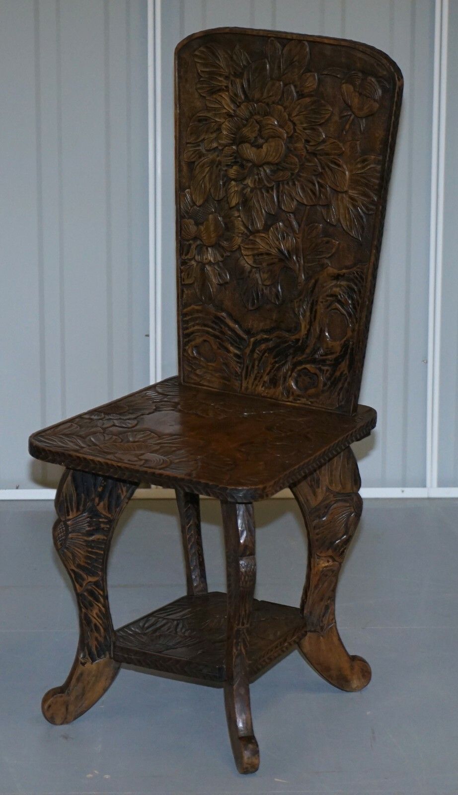 Antique 1905 Original Liberty's London Signed Qing Dynasty Chair Floral Carving photo for sale