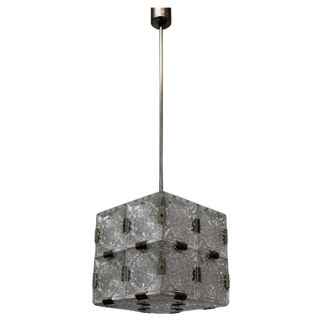 Mid Century Square Clear Glass Pendant By Kamenicky šenov, 1960s, Czechoslovakia
