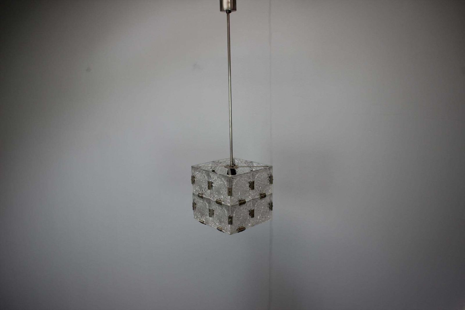 Mid Century Square Clear Glass Pendant By Kamenicky šenov, 1960s, Czechoslovakia photo for sale