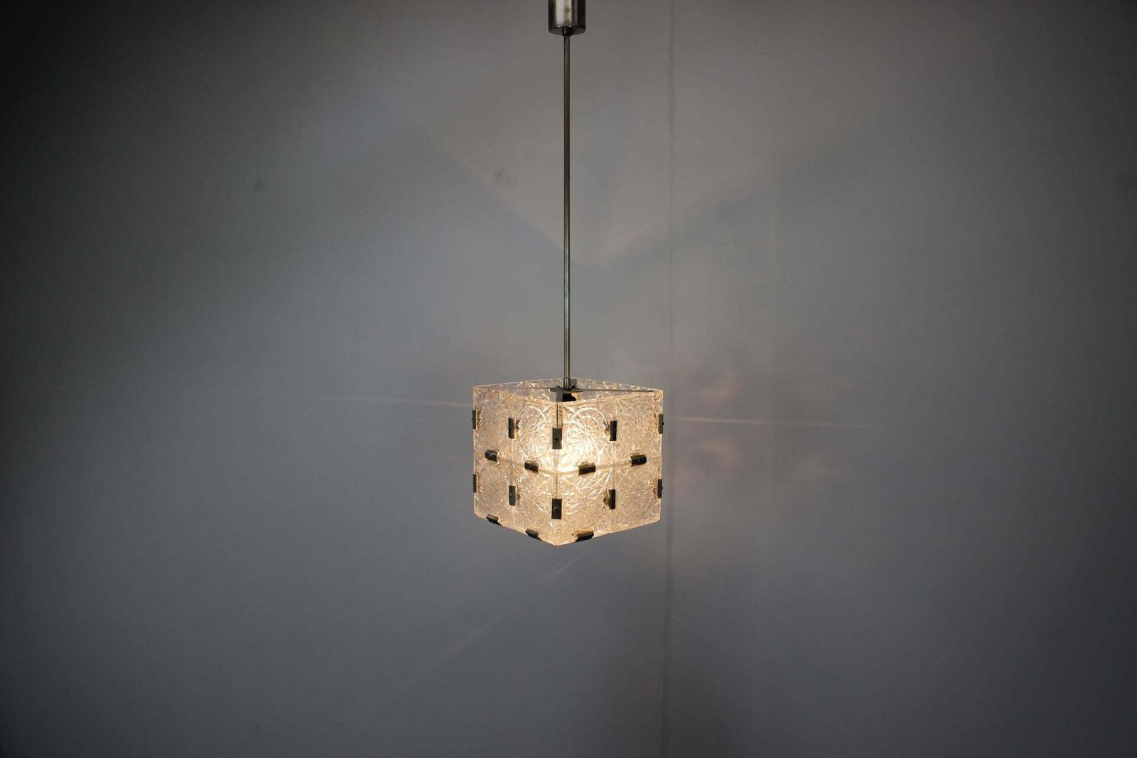 photo for sale Mid Century Square Clear Glass Pendant By Kamenicky šenov, 1960s, Czechoslovakia
