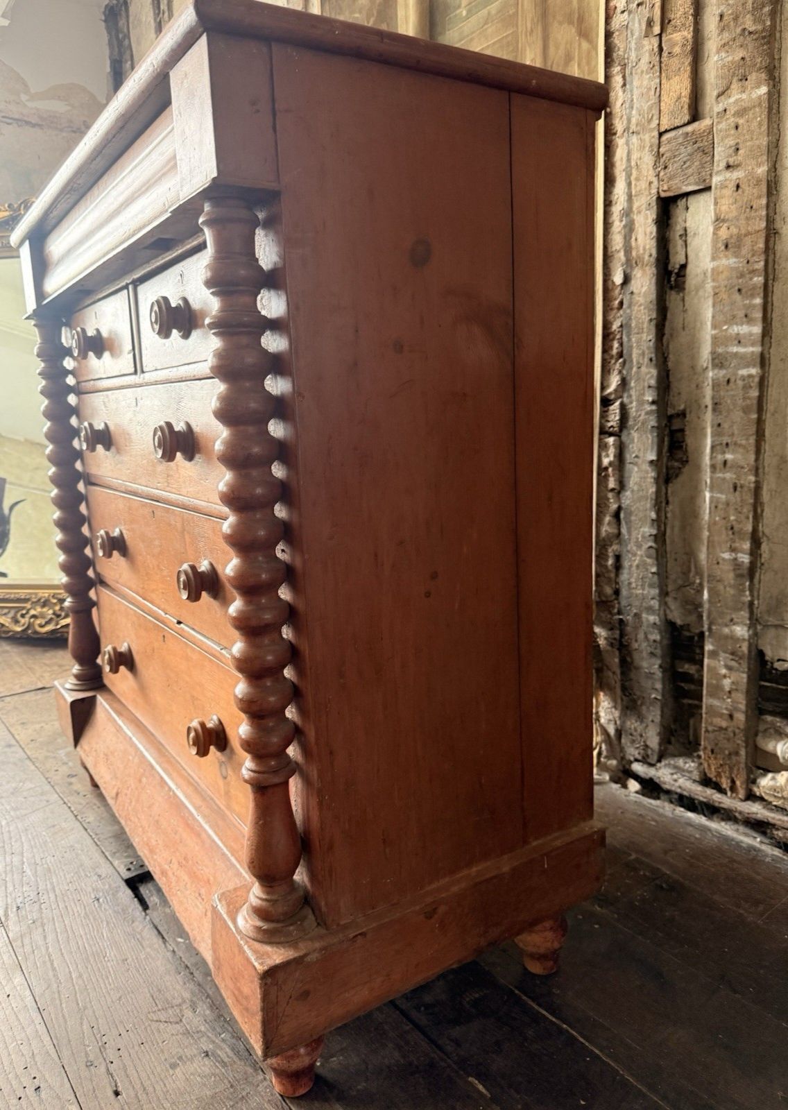 photo for sale Scottish Original Antique Pine Barley Twisted Rustic Chest Of Drawers C1840