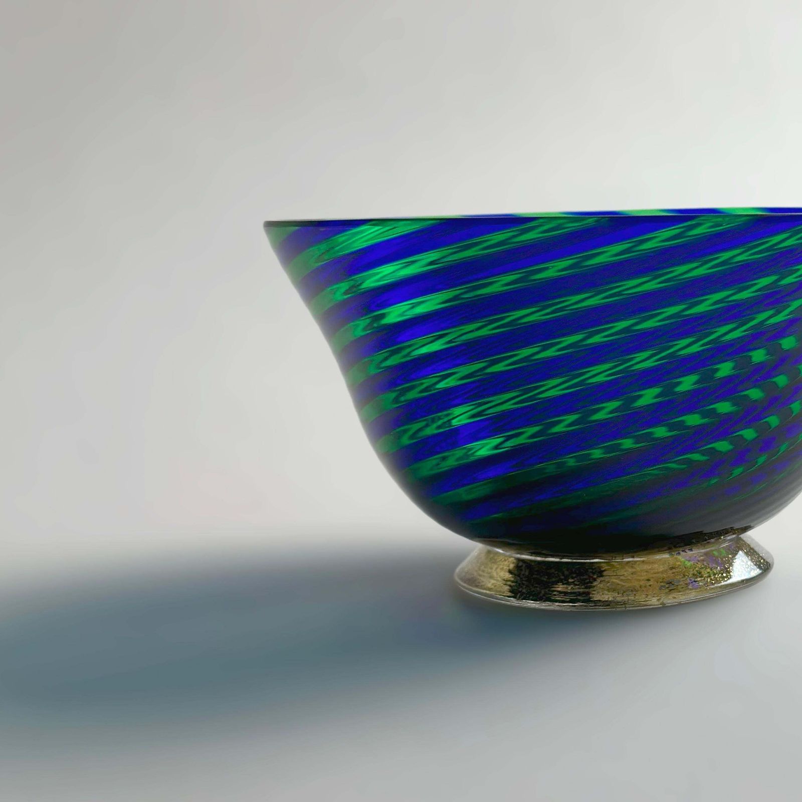 Murano Glass Bowl In Green And Blue Filigrana Stripes, Italy, 1970s photo vintage