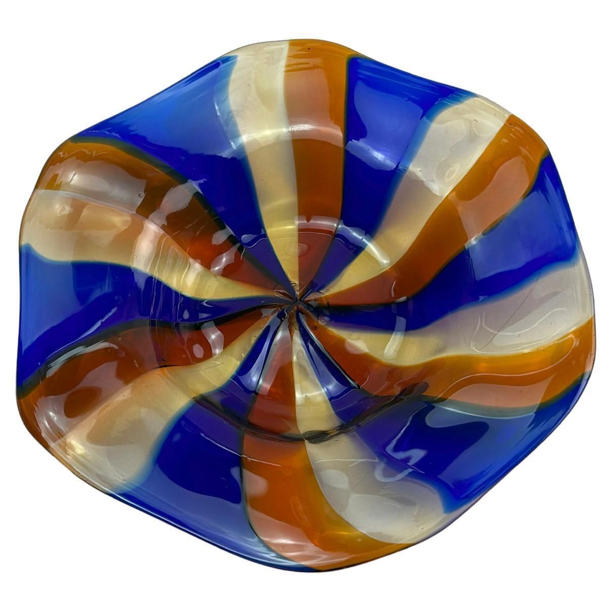 Fratelli Toso Murano Dish In Red And Blue Swirled Stripes, Italy, 1970s